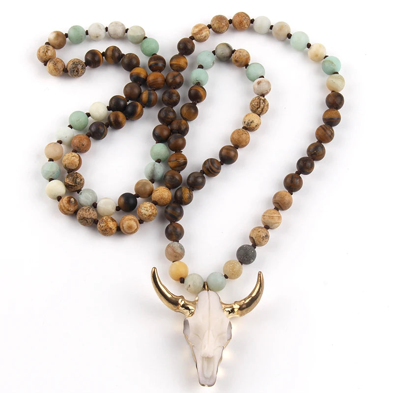 Fashion Bohemian Jewelry Sem Stone Knotted Horn Pendant Necklace For Women Boho Ethnic Necklace Gift