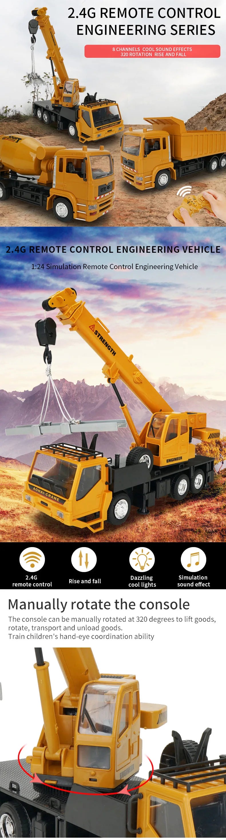 RC Truck 2.4G Remote Control Excavator Engineering Transport Vehicle 1:24 Dump Truck Mixer Heavy Crane Toy Kid Christmas Gift