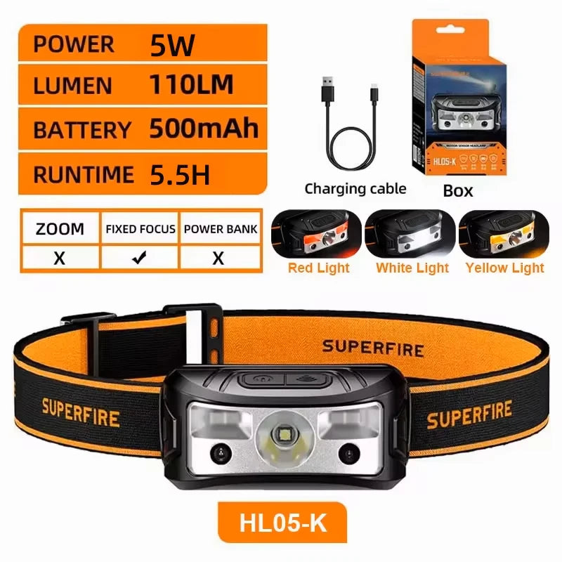 SUPERFIRE HL05-Y Rechargeable Powerful Sensor Headlamp USB High Power Headlight COB LED Waterproof Head Lamp Work Front Light