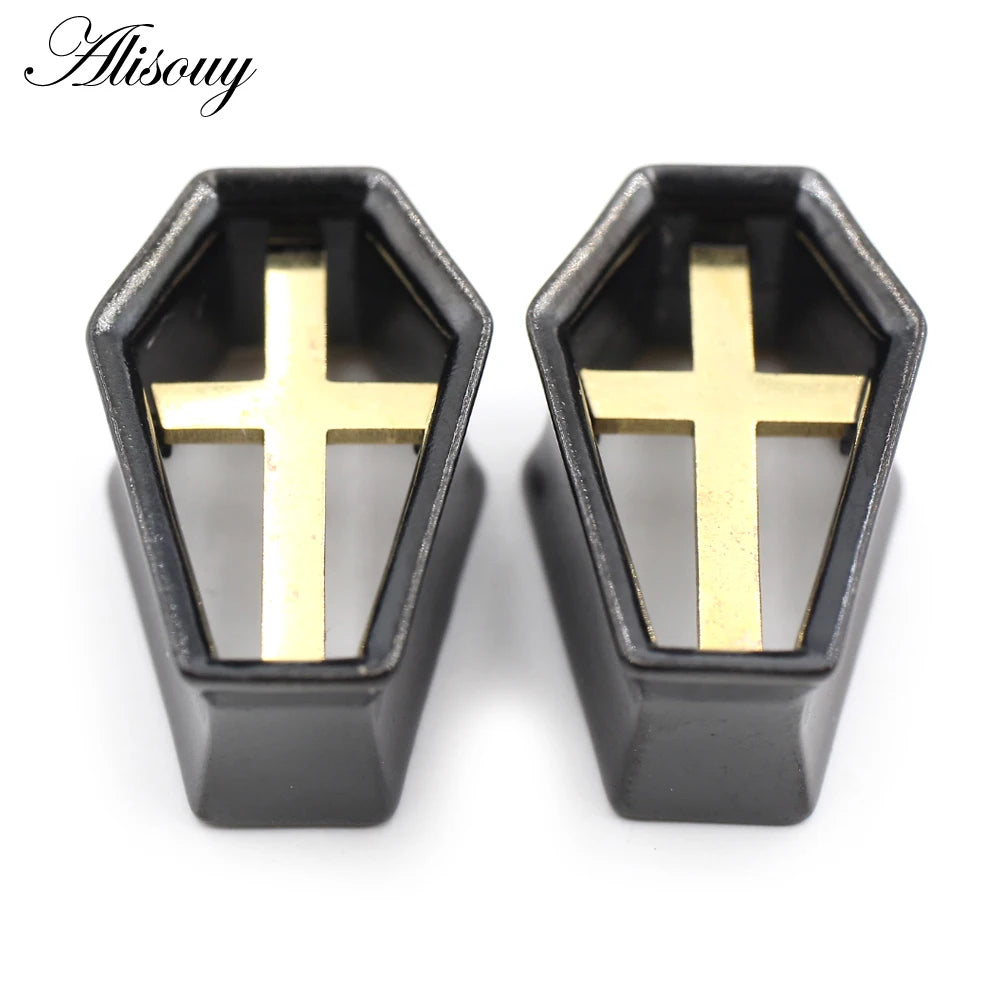 Alisouy 1PC Punk Alloy Casting Coffin Hexagon Cross Ear Tunnels Plugs Expander Stretcher Gauges Earrings Piercing Body Jewelry