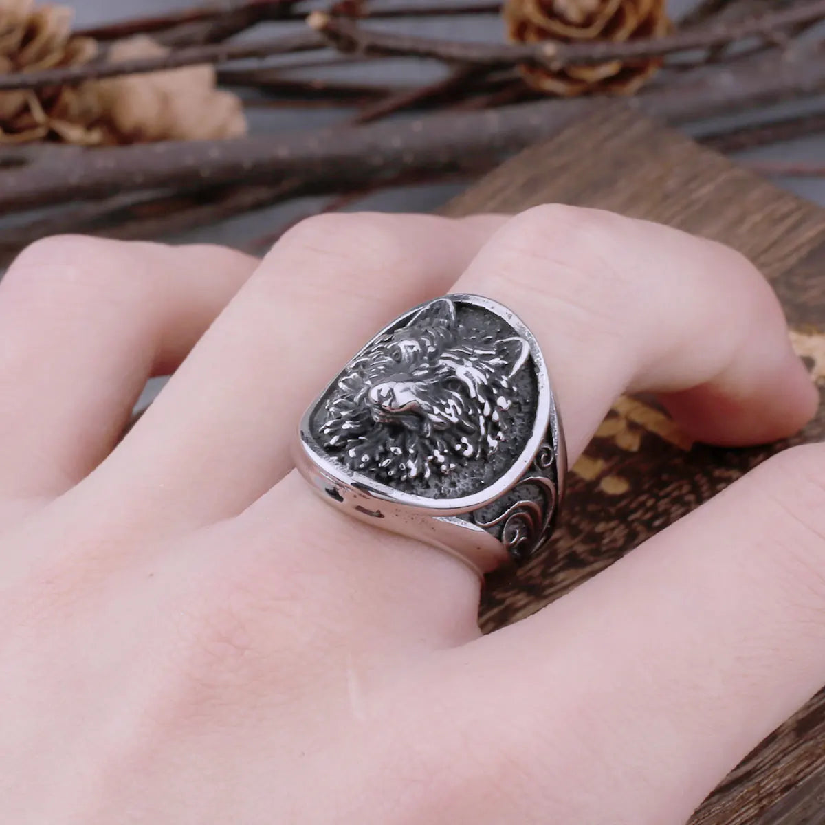 316L Stainless Steel Viking Never Fade Wolf Head Ring Ring Men's Hip Hop Vintage Ring Viking Wolf Jewelry with Wooden Box