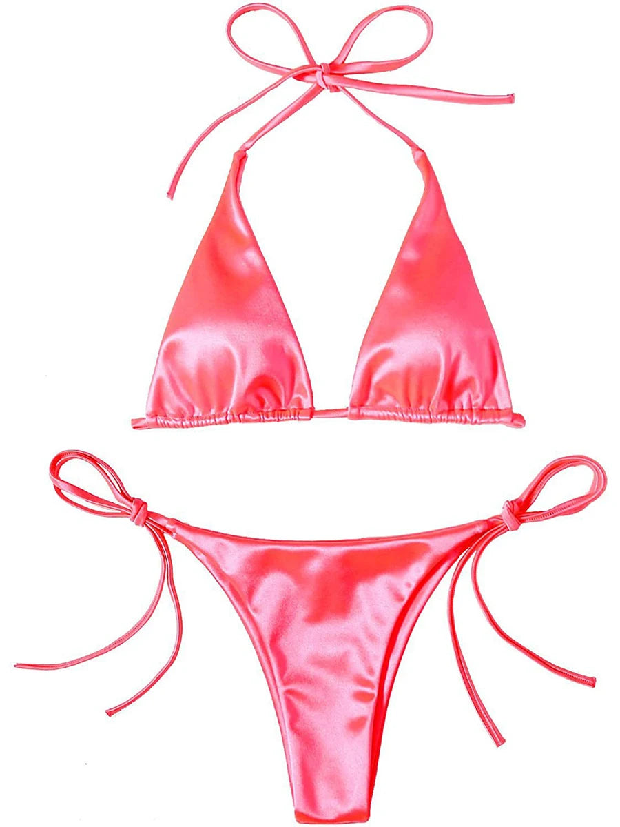 Metallic Halter Triangle Bikini 2023 Swimsuit Women Swimwear Female Bathing Suits Brazilian Thong Micro Bikinis Set Beach Wear