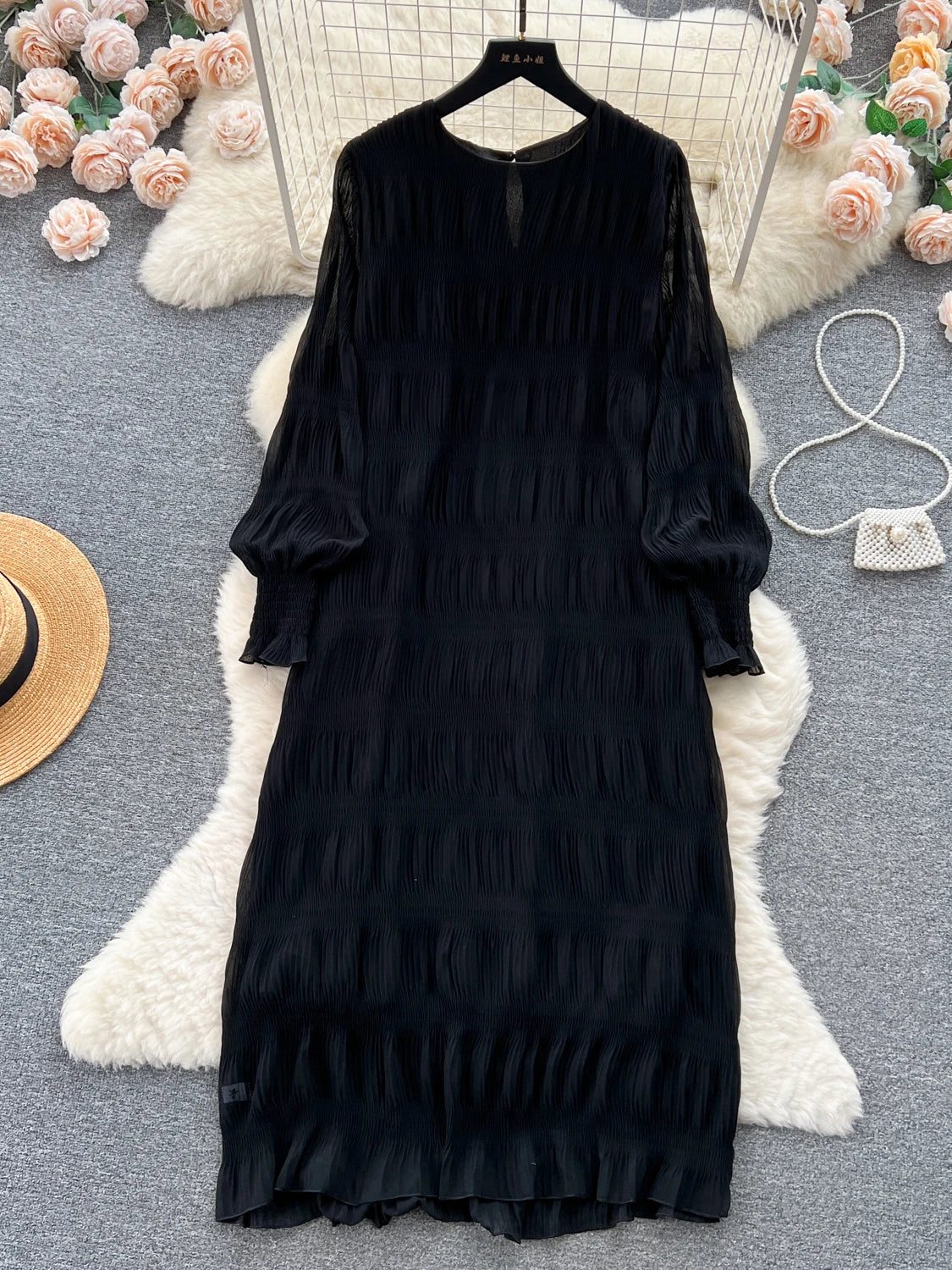 Autumn Vintage Women Draped Loose Midi Dress Elegant Round Collar Puff Long Sleeve Robe Casual Yellow/Burgundy/Green Vestido New