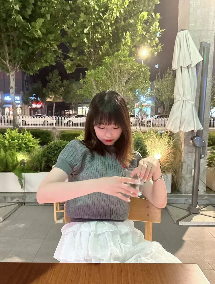 Japanese New Spring Ladies Sweet Bubble Short Sleeve Twist Knitted Top Sweater Letter Embroidered Pure Color Women's T-shirt