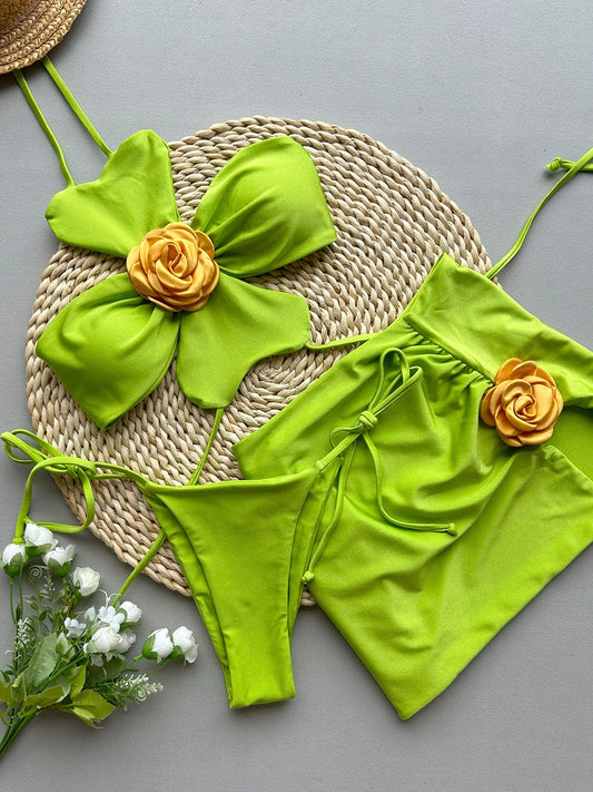 Sexy Green 3D Floral Bikinis Sets Women Halter Push Up Pleate Skirt 3 Piece Swimsuit 2025 Beach Bathing Suit Thong Swimwear