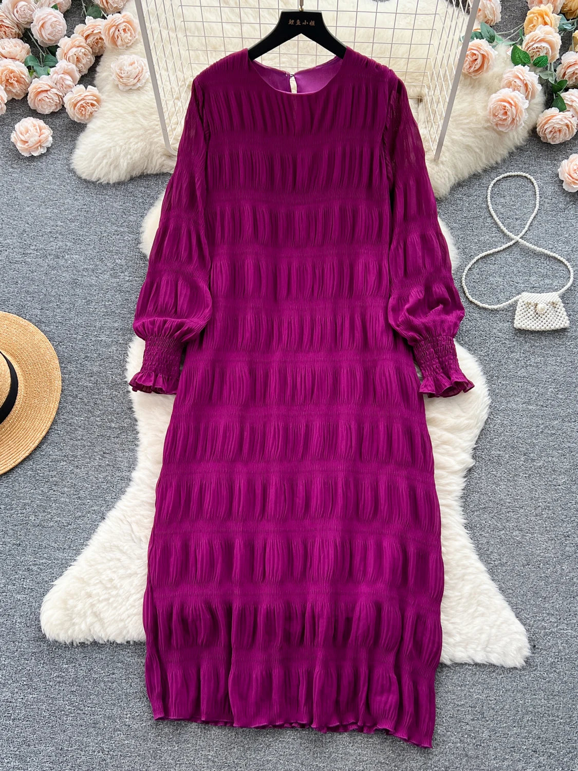 Autumn Vintage Women Draped Loose Midi Dress Elegant Round Collar Puff Long Sleeve Robe Casual Yellow/Burgundy/Green Vestido New