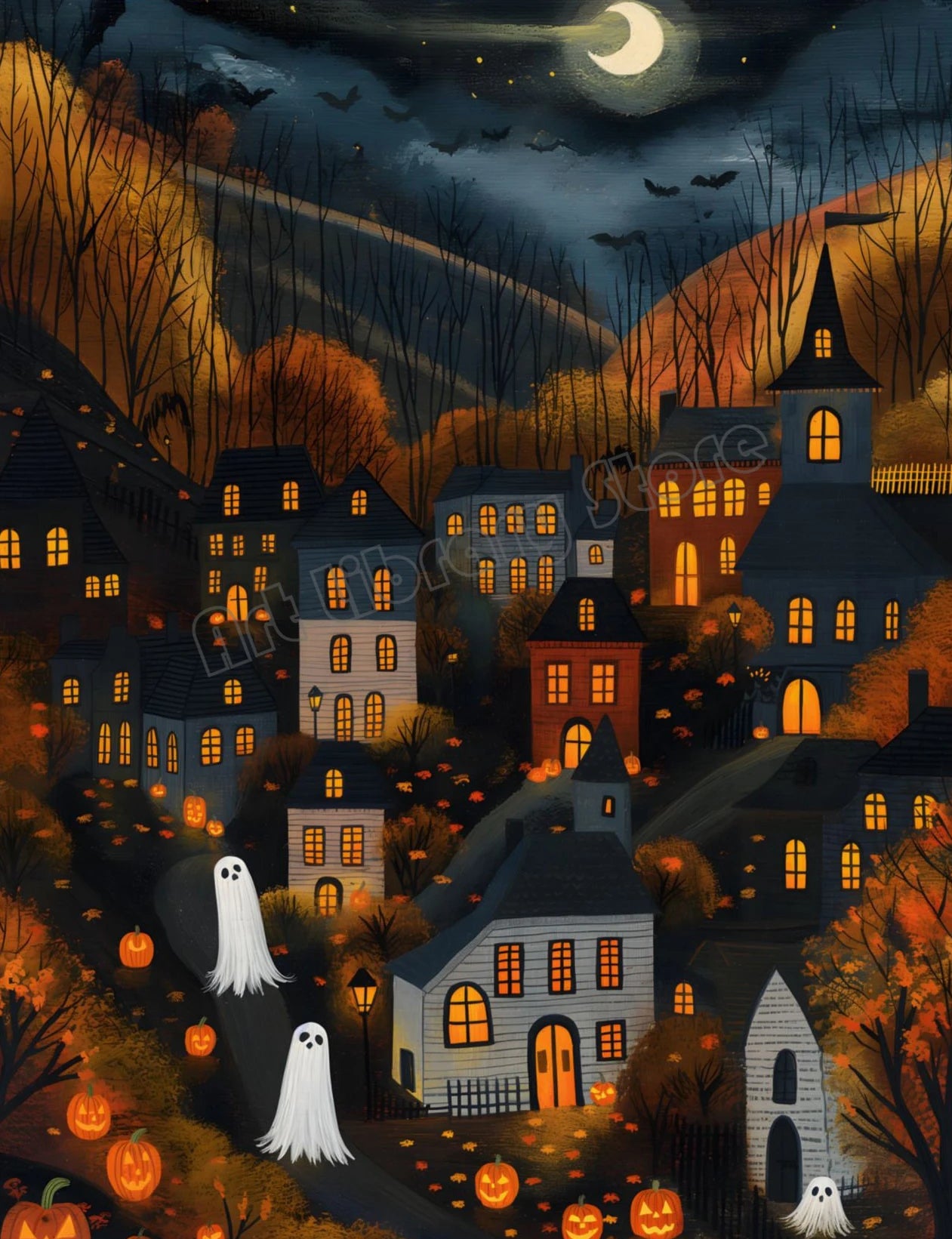 Spooky Halloween Town Folk Magical Forest Ghost Pumpkin Illustration Poster Canvas Painting Wall Pictures Holiday Home Decor