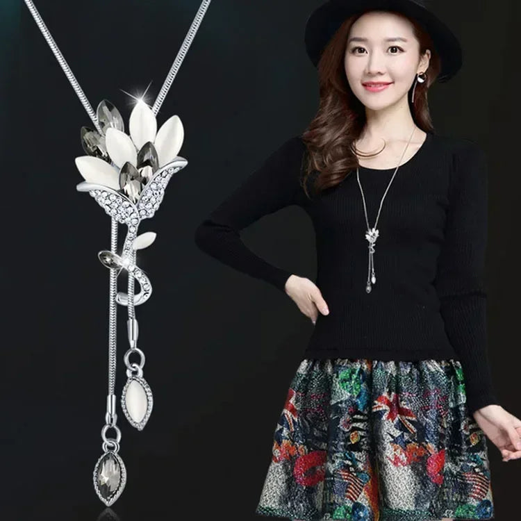 2024 Flower Long Necklaces for Women Fashion Crystal Choker Collier Femme Statement Necklaces&Pendants Accessories