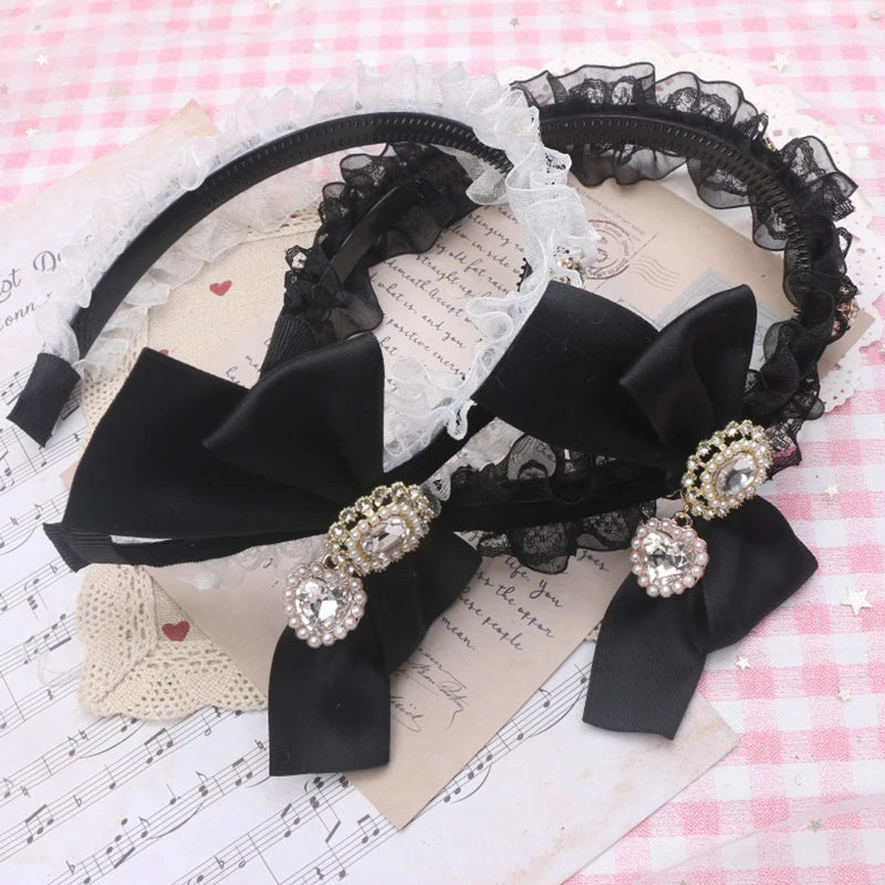 Sweet Hair Accessories Bow Head Band for Women Kawaii Lolita Diamond Bowknot Ruffles Hairbands Soft Girl Headwear