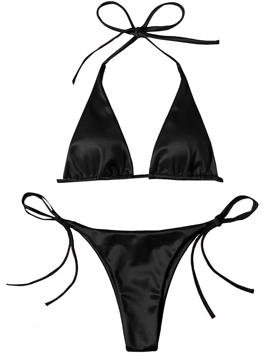 Metallic Halter Triangle Bikini 2023 Swimsuit Women Swimwear Female Bathing Suits Brazilian Thong Micro Bikinis Set Beach Wear