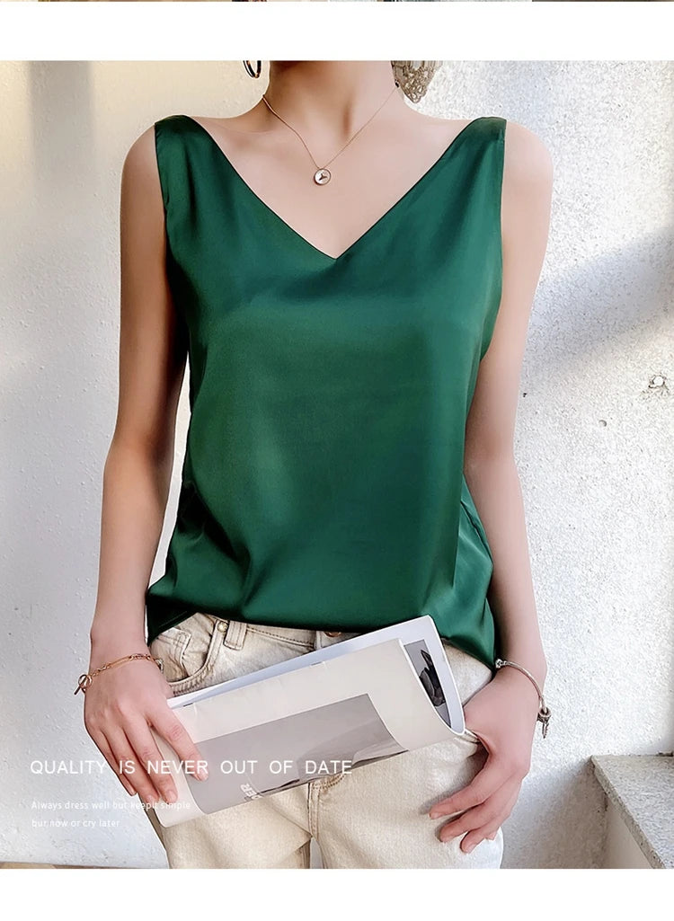Women's New Four Seasons Inner Wear Silk Suspenders 2022 V-Neck Solid All-Match Satin Vest Soft Loose Thin Lady Sleeveless Tops