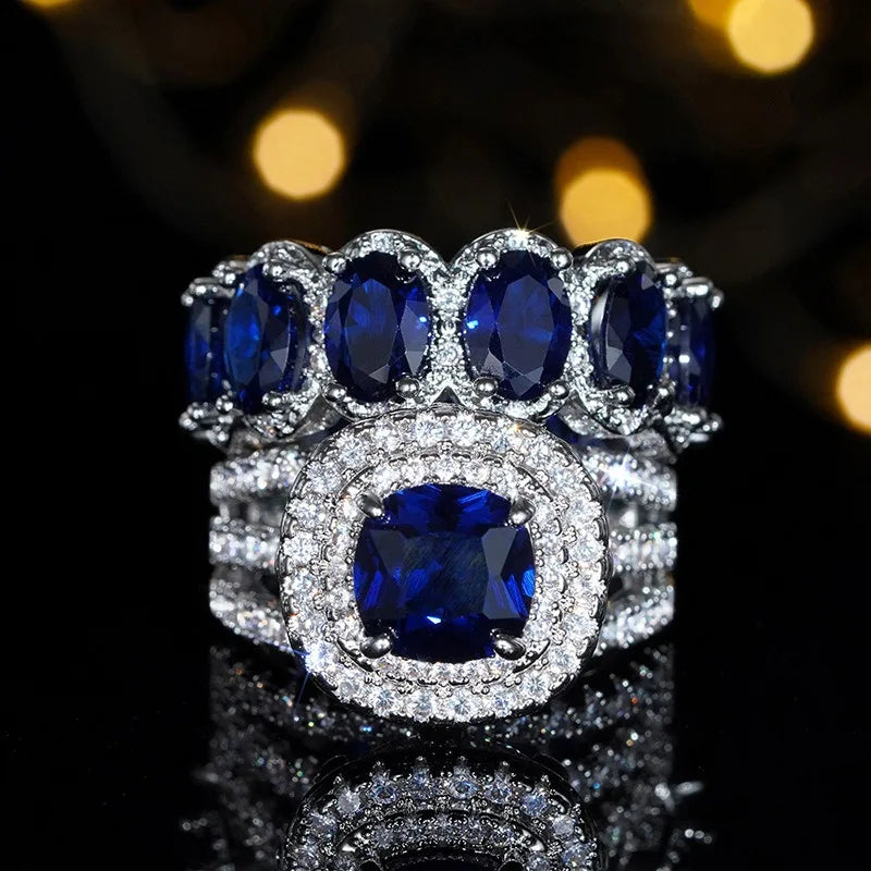 2pcs Luxury Jewelry Trendy Set Rings for Women Dark Blue Pink Cubic Zirconia Rings Gorgeous Wedding Accessories Eternity Jewelry