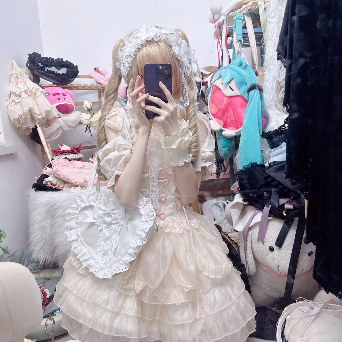 Lolita Handmade Love Heart Lace Flower Cute Shoulder Bag Sweet Girl Students Bow Tote Handbags