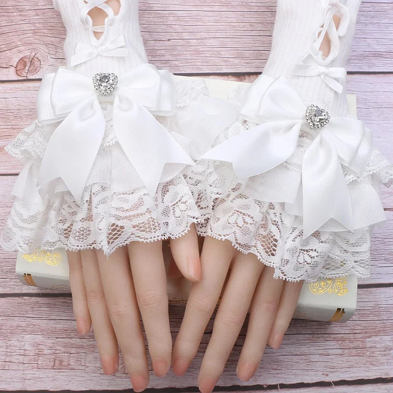Handmade Sweet Women's Lolita Mine Lace Bow Rhinestone Oversleeves Girls Japanese Style Lace Sleeves Mittens