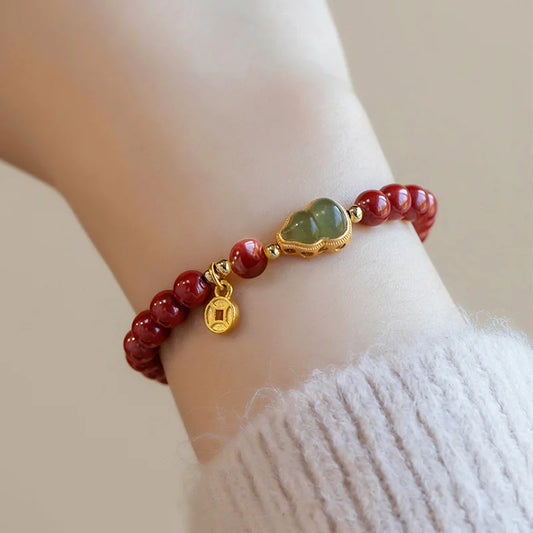 Lucky Imitation of Hotan Jade Cinnabar Red Gold Color Bead Natural Stone Beaded Bracelet for Women Bracelet Party Good Luck Gift