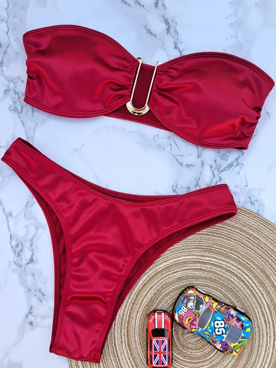 Shiny Bandeau Bikinis 2025 Strapless Bikini Female Swimsuit Women Swimwear Two-pieces Bikini Set High Cut Bathing Suit Swim Lady