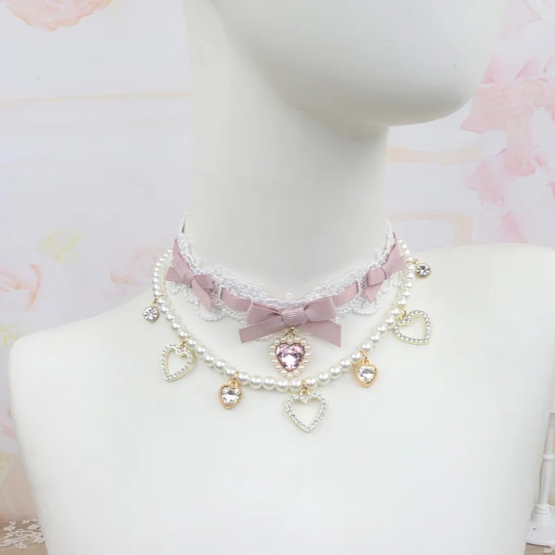 Lolita-Style Lace Choker Pearl Heart Rhinestone Necklace Lolita Pendant Girl Sweet Pearl Necklace with Heart Pendant for Women