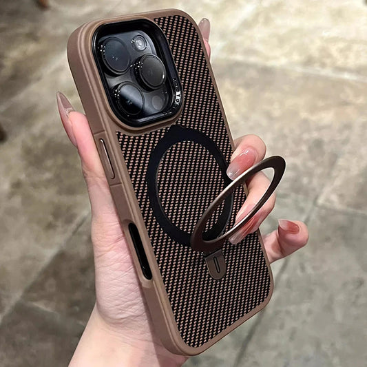 Desert Gold metal holder carbon fiber magnetic phone case for iPhone 17 16 15 14 13 Pro Max magsafe charging hard back cover