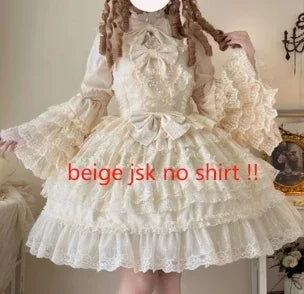 Super Fairy Lolita Dress Set New Spring and Autumn Sweet Girl Women's Flower Lace Bow Shirt Princess Jsk Suspender Dress