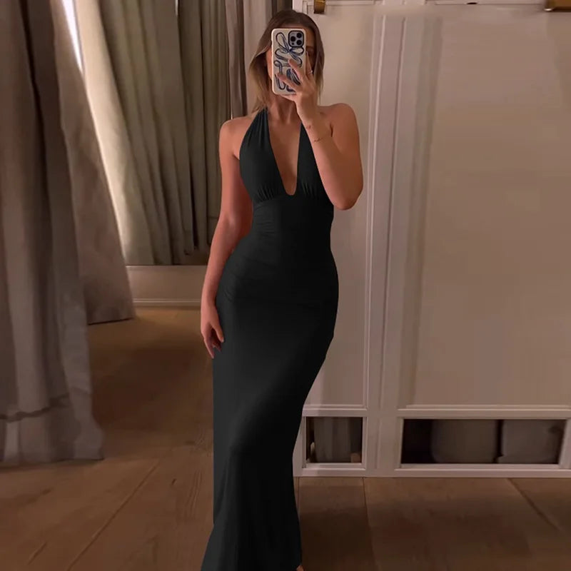 Tornova Halter Backless Long Dress For Women Solid Deep V neck Sexy Vacation Dress Lace Up High Waist Fashion Female Slim Dress