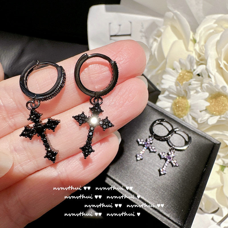 New Trendy Punk Zircon Crystal Cross Earring for Women Men Goth Hip Hop Piercing Black Hoop Earrings Fashion Party Jewelry Gifts