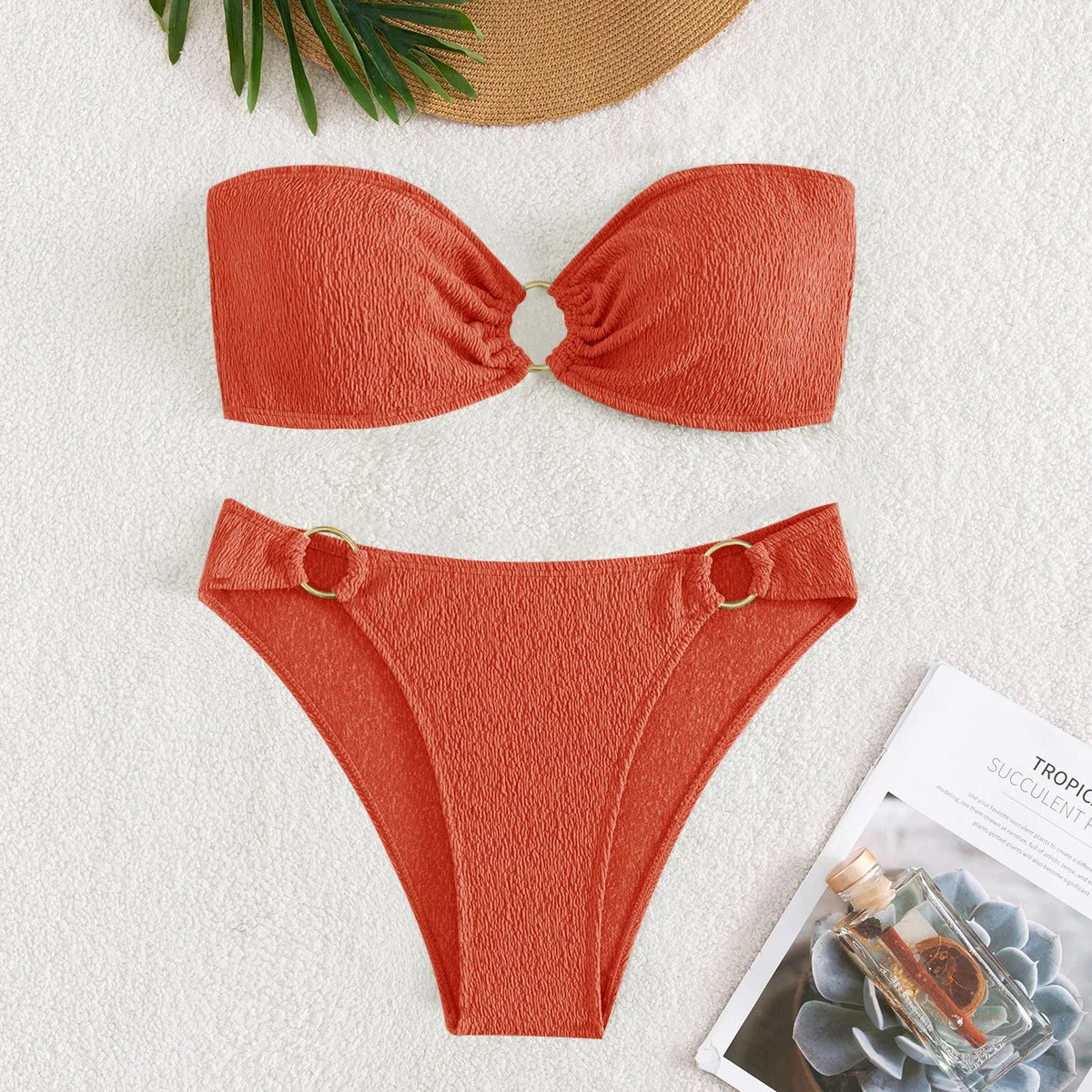 Sexy Bandeau Bikinis Sets Women Metal Ring Linked Push Up Micro Swimsuit 2025 Solid Bathing Suit Thong Swimwear Trajes De Baño