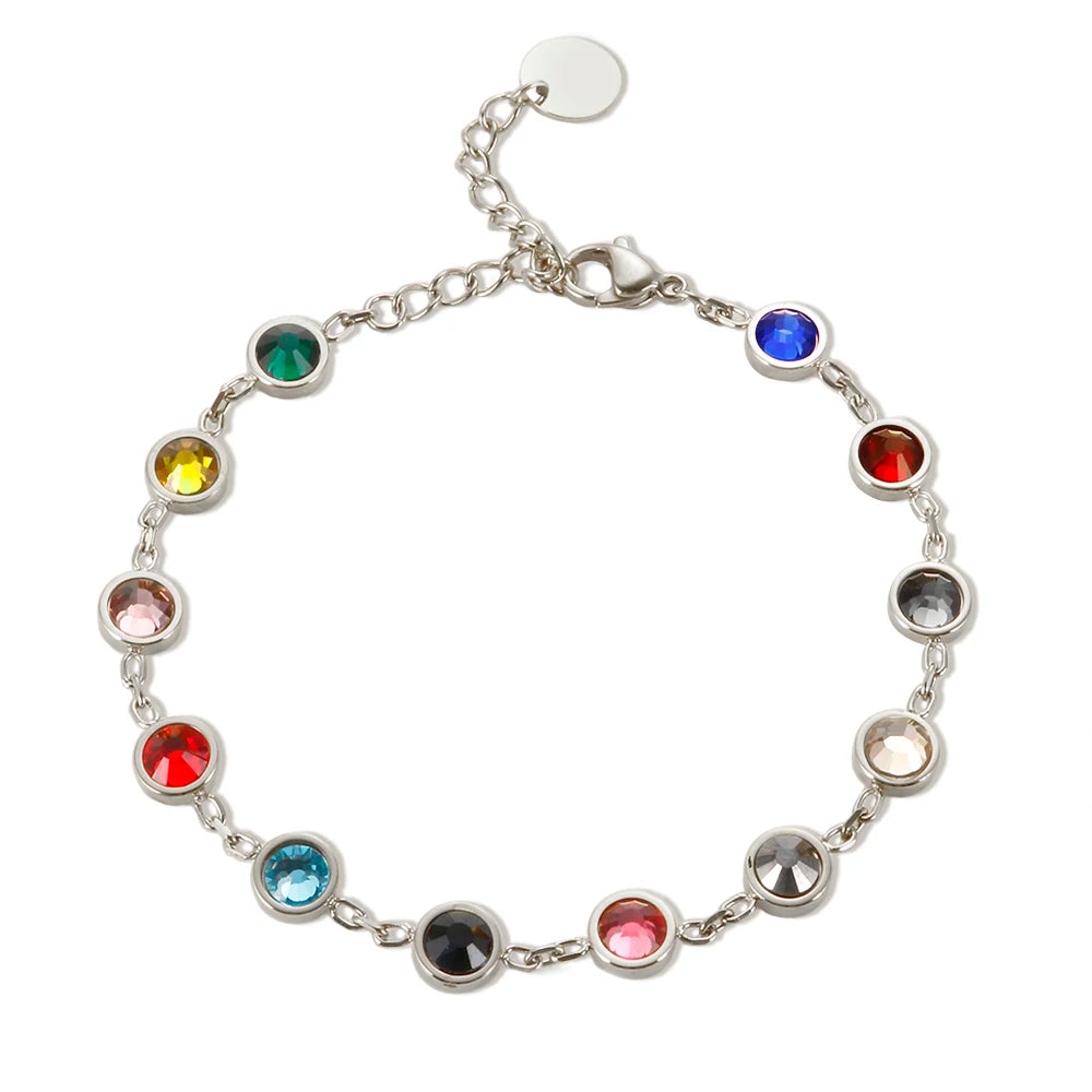 JINHUI Colorful Bejeweled Bangle Popularity TS Stainless Steel Bracelets for Women 12 Birthstones Rainbow Crystal Chain Jewelry