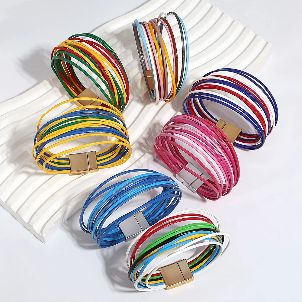 ALLYES Multicolor Rainbow Leather Bracelet Party Jewelry Gifts Fashion Multilayer Slim Strips Wrap Bangle Bracelets for Women