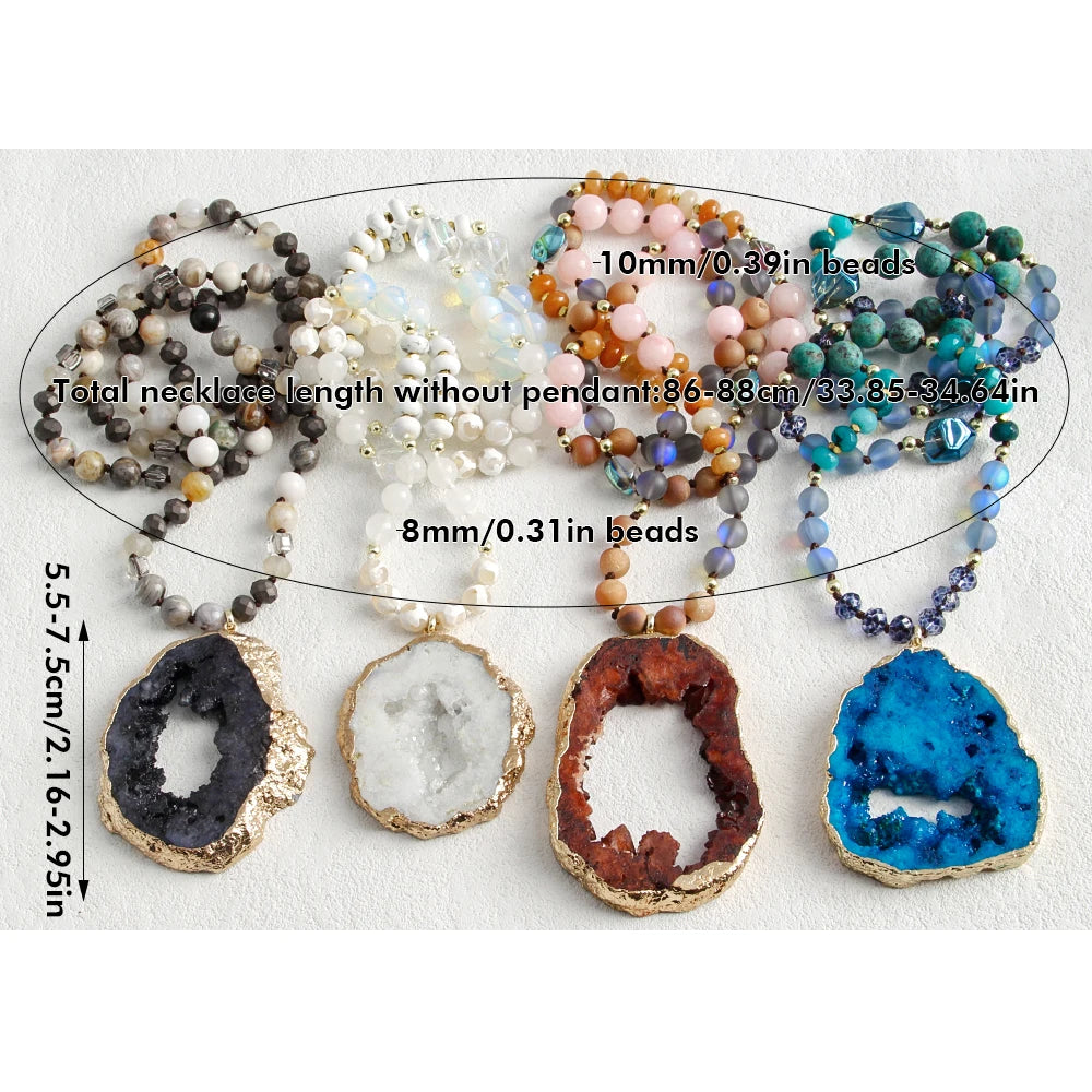 RH 2025 New Fashion Bohemian Style Natural Stone Glass Hematite Knotted Exaggerated Irregular Multicolor Druzy PendantNecklace