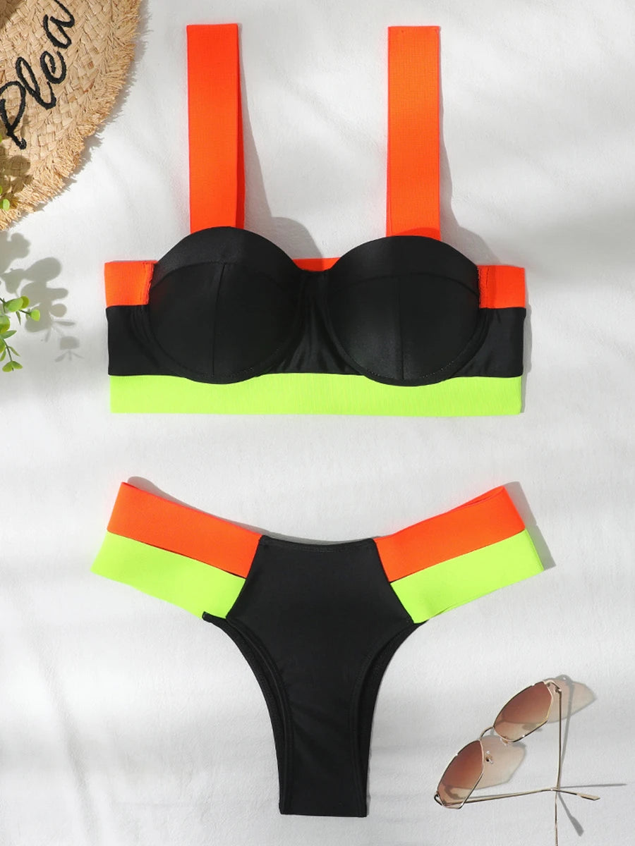 Solid Bandage Bikini Women Push Up Swimsuit Sexy Swimwear Female Brazilian Bathing Swimming Suit Bather Splicing Color Beachwear