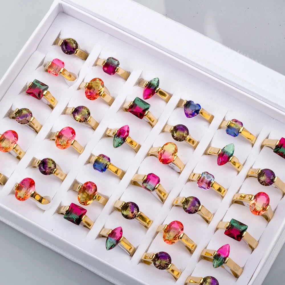 24Pcs Stainless Steel Rainbow Tourmaline Rings For Women and Men Mix Style Wedding Band Fashion Jewelry Gift Wholesale