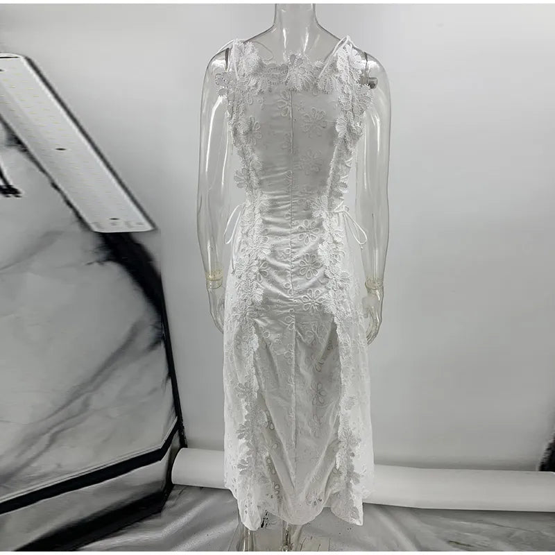 Embroidery Flower Patchwork Long Dress For Women Round Neck Sleeveless Lace Up High Waist Spliced Slim Dresses 2025 Summer New