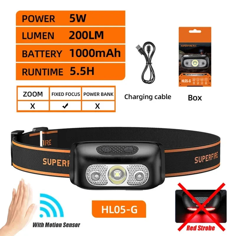 SUPERFIRE HL05-Y Rechargeable Powerful Sensor Headlamp USB High Power Headlight COB LED Waterproof Head Lamp Work Front Light