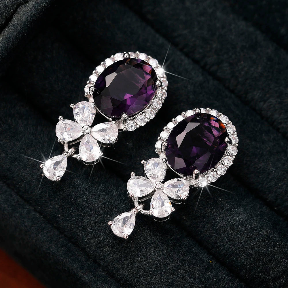 Huitan Gorgeous Purple Cubic Zirconia Dangle Earrings for Women Exquisite Birthday Gift Fashion Accessory Wedding Party Jewelry