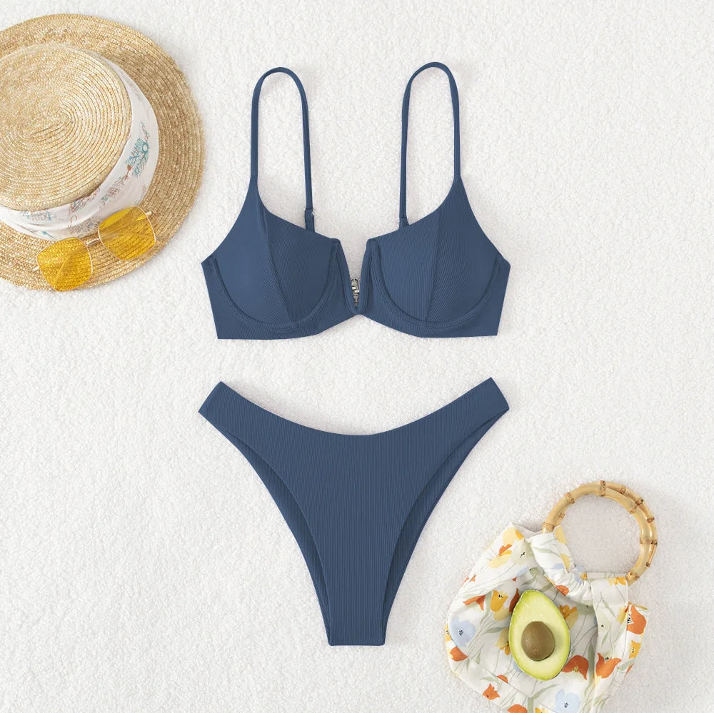 Sexy Underwired BikiniS 2024 Mujer Women Solid V-bra Push Up Two pieces Bikini Set High Cut Bathing Suit Padded Thong Swimsuit