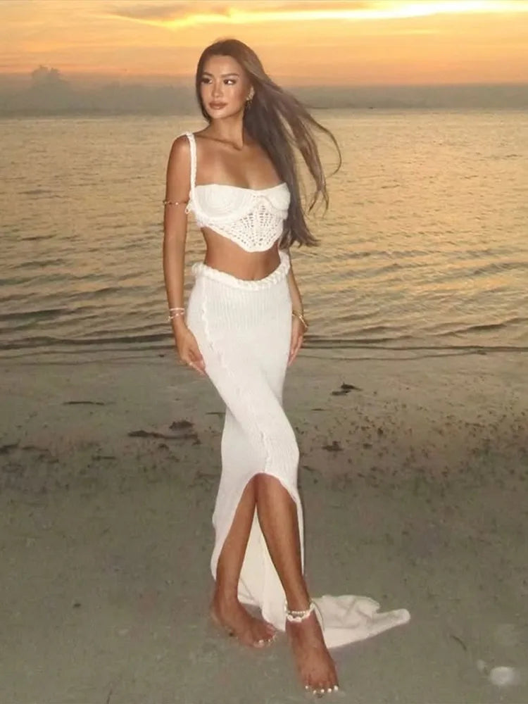 BKQU Crochet Knit Skirts Set Women Sexy Hollow Out Lace Up Crop Tops Hip Package Split Long Skirt Elegant 2 Pieces Beach Outfits