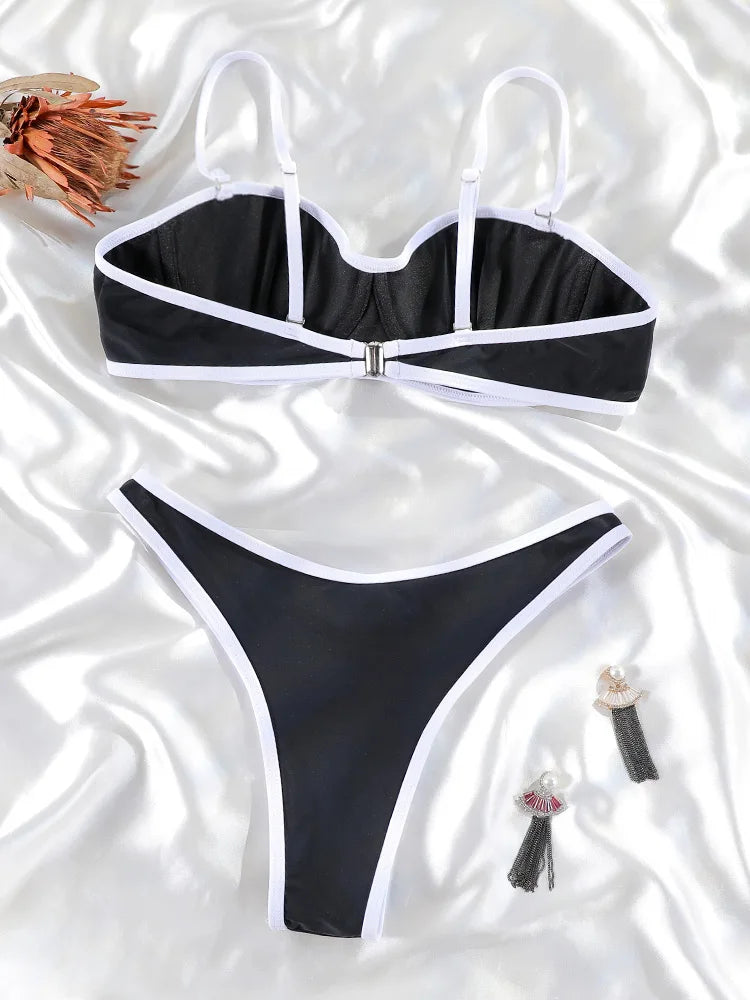ZRTAK 2 Piece Bikinis bordered Women's Swimsuit 2025 Beach Push Up Suits Cup Sexy Bikini Set String Bathing Suits Thongs Biquini