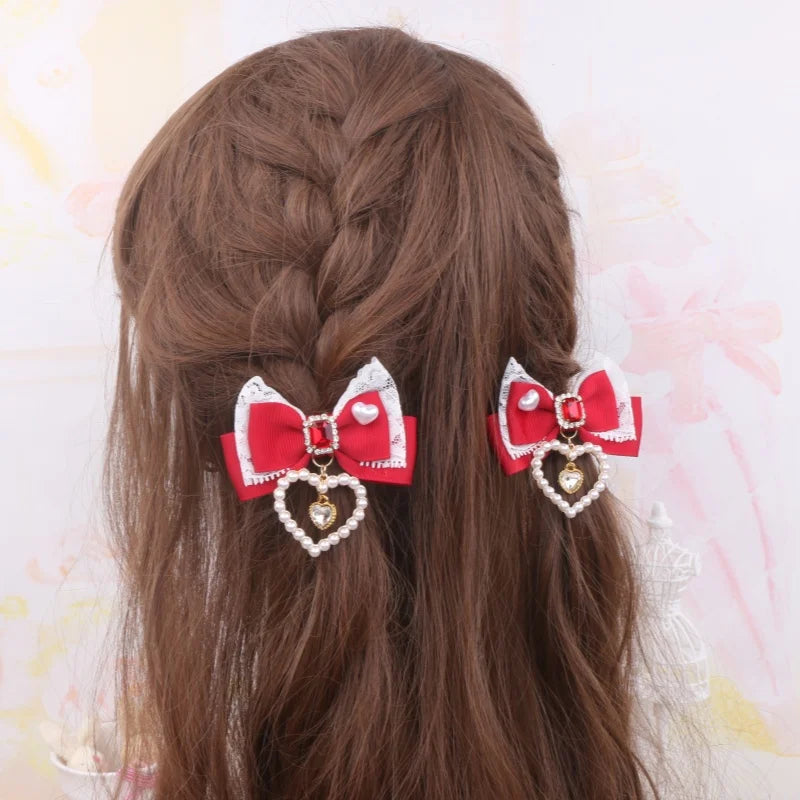 1 Pair Female Hair Clips Pearl Heart Side Clip Sweet Girl's Hairclips Lolita Hairpin Headdress Jiraikei Accessories