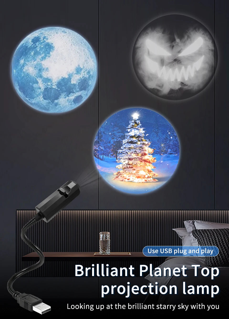 USB Led Night Light Moon Lamp Halloween Christmas Decoration Holiday Ornaments for Bedroom Ceiling Wall Projector Party Lighting