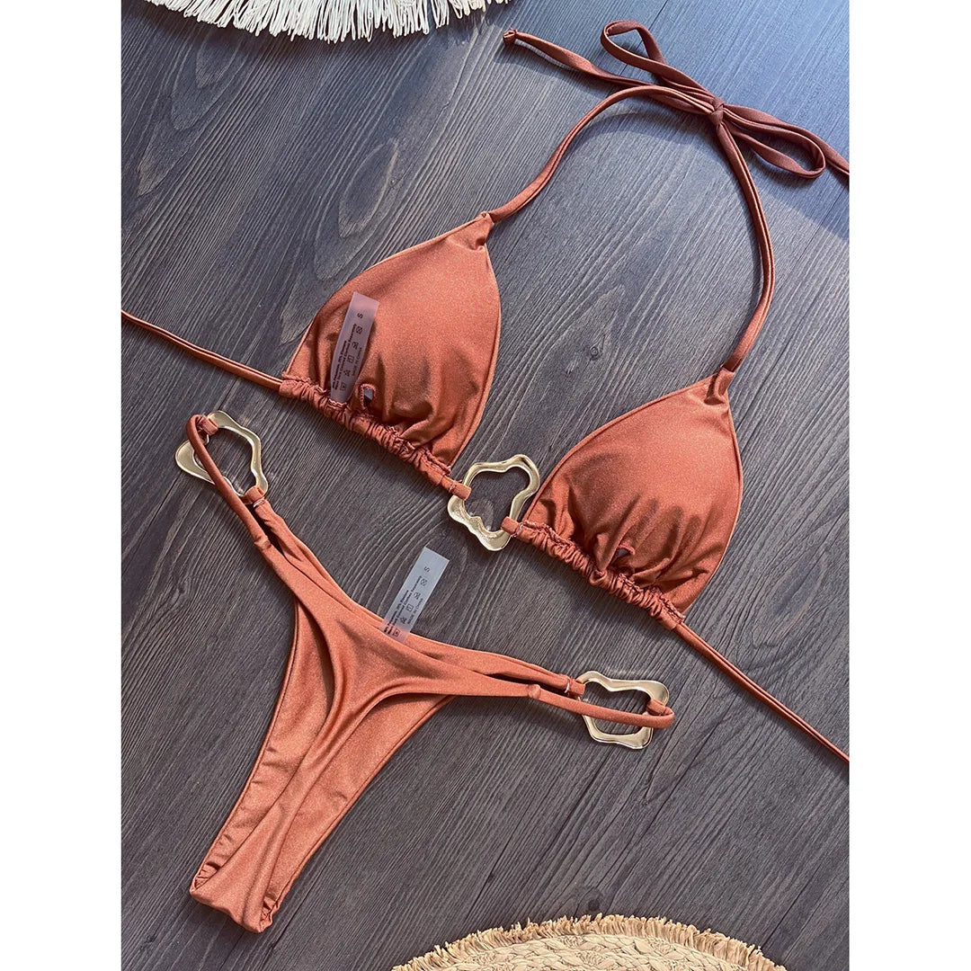 Shiny Metal Ring Halter Mini Thong Bikini Women Swimwear Female Swimsuit Two-pieces Bikini set Bather Bathing Suit Swim V6438