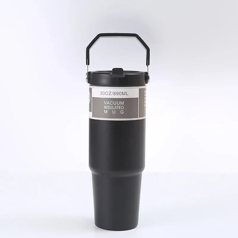 Stainless Steel Thermos Cup with Straw, Portable Car Cup, Travel Sports Water Bottle, Handle Cover, Coffee Vacuum Flask, 30oz