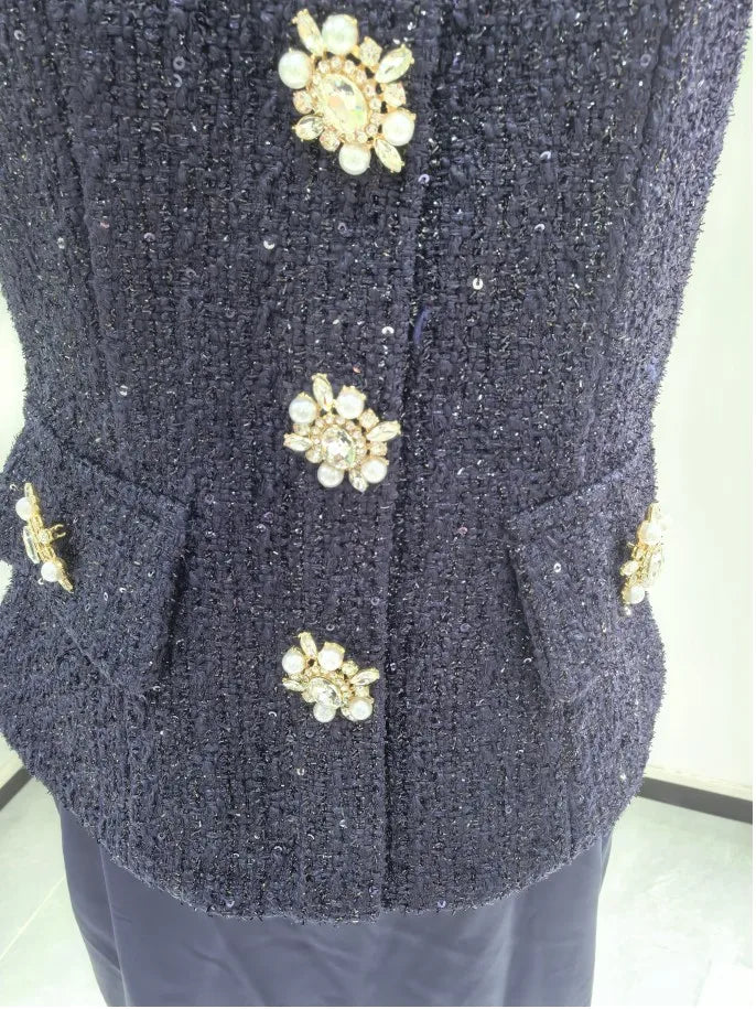 Maxi Formal Luxury Evening Dresses Women Summer Autumn Single Breasted Crystal Satin Tweed Long Dress Blue Party Dinner Vestidos