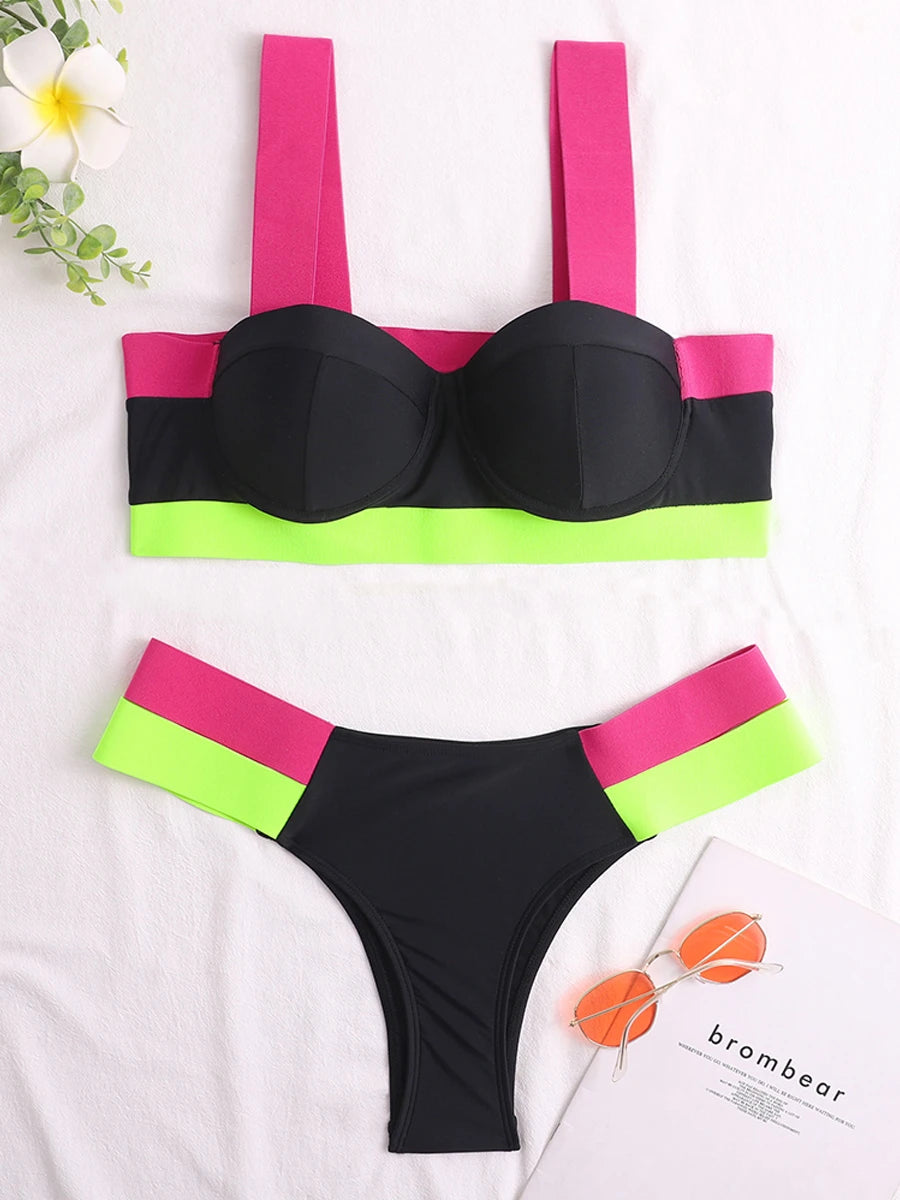 Solid Bandage Bikini Women Push Up Swimsuit Sexy Swimwear Female Brazilian Bathing Swimming Suit Bather Splicing Color Beachwear