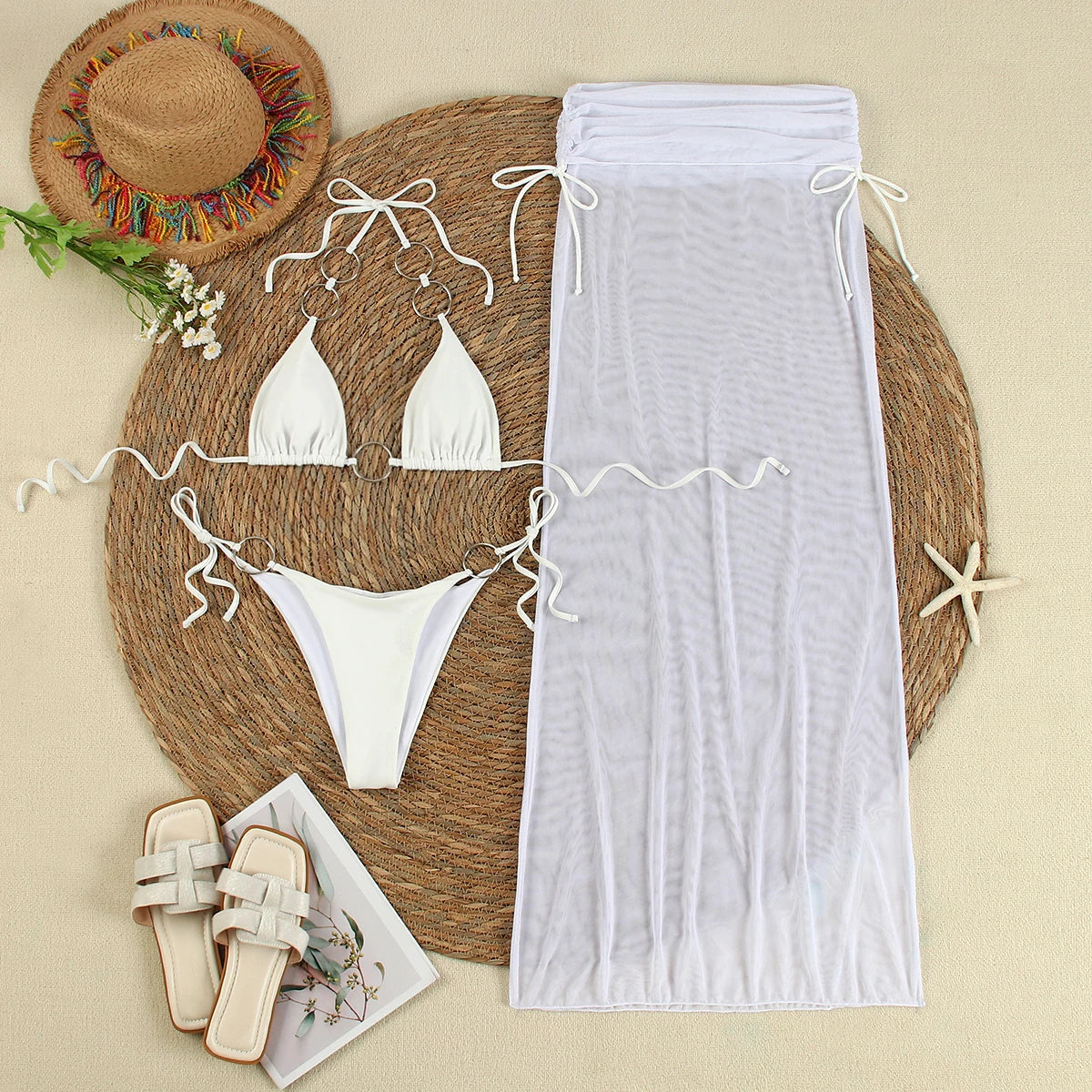 Sexy Ring 3 Piece Bikinis Women Swimsuit 2024 New Swimwear With Long Sleeve Bathing Suit Beachwear Biquini Female