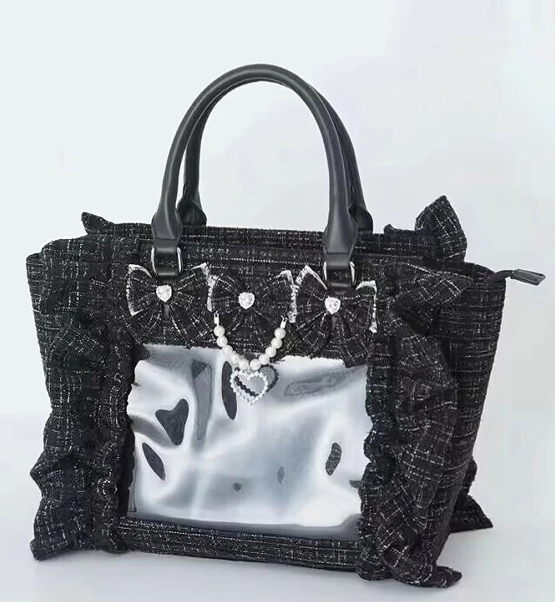 Japanese Style Mine Ita Bag Ruffled Lace Women Girls Rhienstone Pearl Bowknot Square Tote Shoulder Portable Bolso Handbags