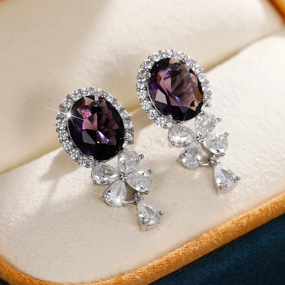 Huitan Gorgeous Purple Cubic Zirconia Dangle Earrings for Women Exquisite Birthday Gift Fashion Accessory Wedding Party Jewelry