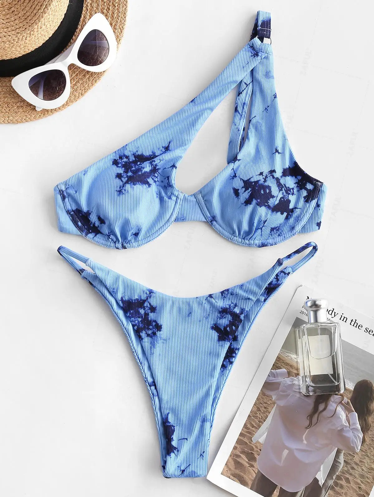 ZAFUL Bikini Set Textured One Shoulder O-ring Swimwear Women Beachwear Bathingsuit Removable Pads Wire Free Bather Swimingsuit