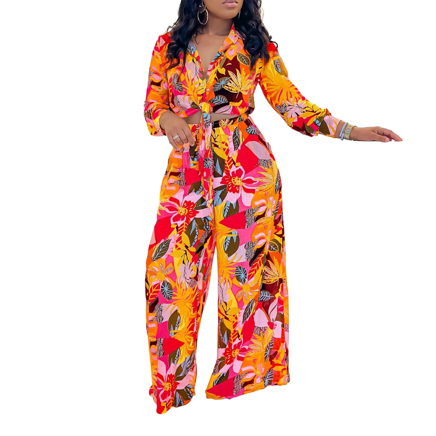 Women 2 Pieces Printed Pants Sets Blouse & Wide Leg Pants Floor Length Fashion High Street Wear Female Two Pieces Matching Sets