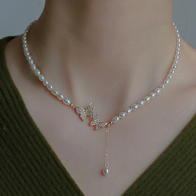 Fashion Imitation Pearl Rhinestone Necklace Stainless Steel Extra Long Drawstring Snake Tassel Metal Chain Women's Jewelry Gifts