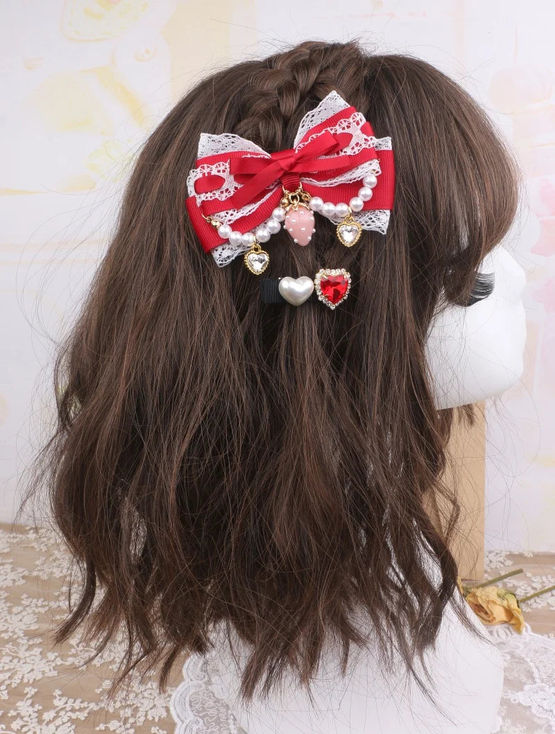 Larme Kei Lace Hair Clips Sweet Girl's Beaded Bow Heart Rhinestone Hair Bows Lolita Strawberry Hair Accessories Gift